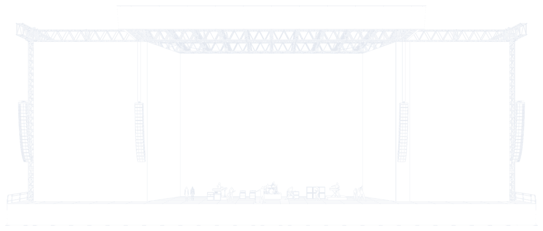 Jupiter, front view with wings and main PA hangs (technical drawing)