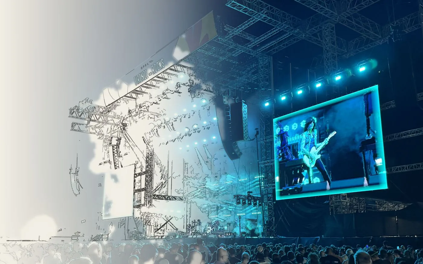 Jupiter in Florence at night, guitarist on the LED screen