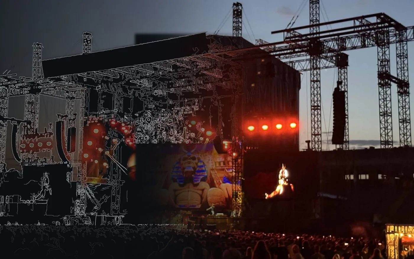 Jupiter during a stadium show in Padua, the photo turning into a wireframe